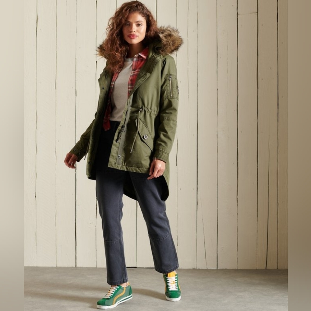Superdry Women's Coat Size Military Fishtail Parka Coat In Army Green Size - Picture 2 of 15